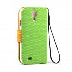 Wholesale Samsung Galaxy S4 Anti-Slip Flip Leather Wallet Case with Stand (Green-Orange)